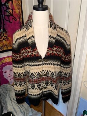 Susan Bristol Fair Isle Knit Cardigan in Cream, Black & Rust